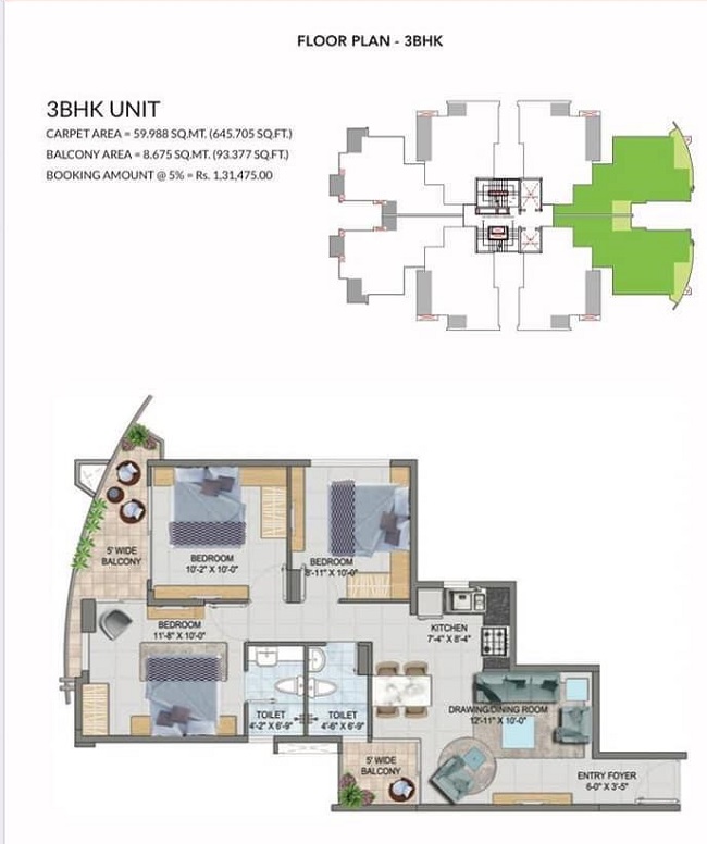 GLS South Avenue 51 3BHK Floor Plan