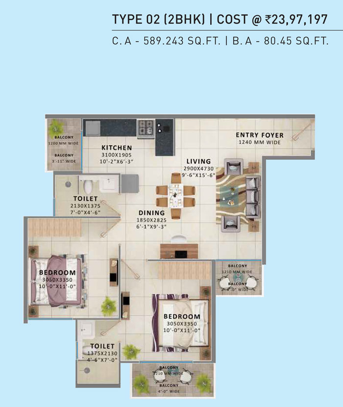 The Millennia3 2BHK Type-2 Floor Plan