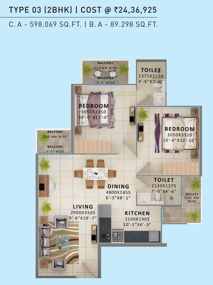 The Millennia3 2BHK Type-3 Floor Plan